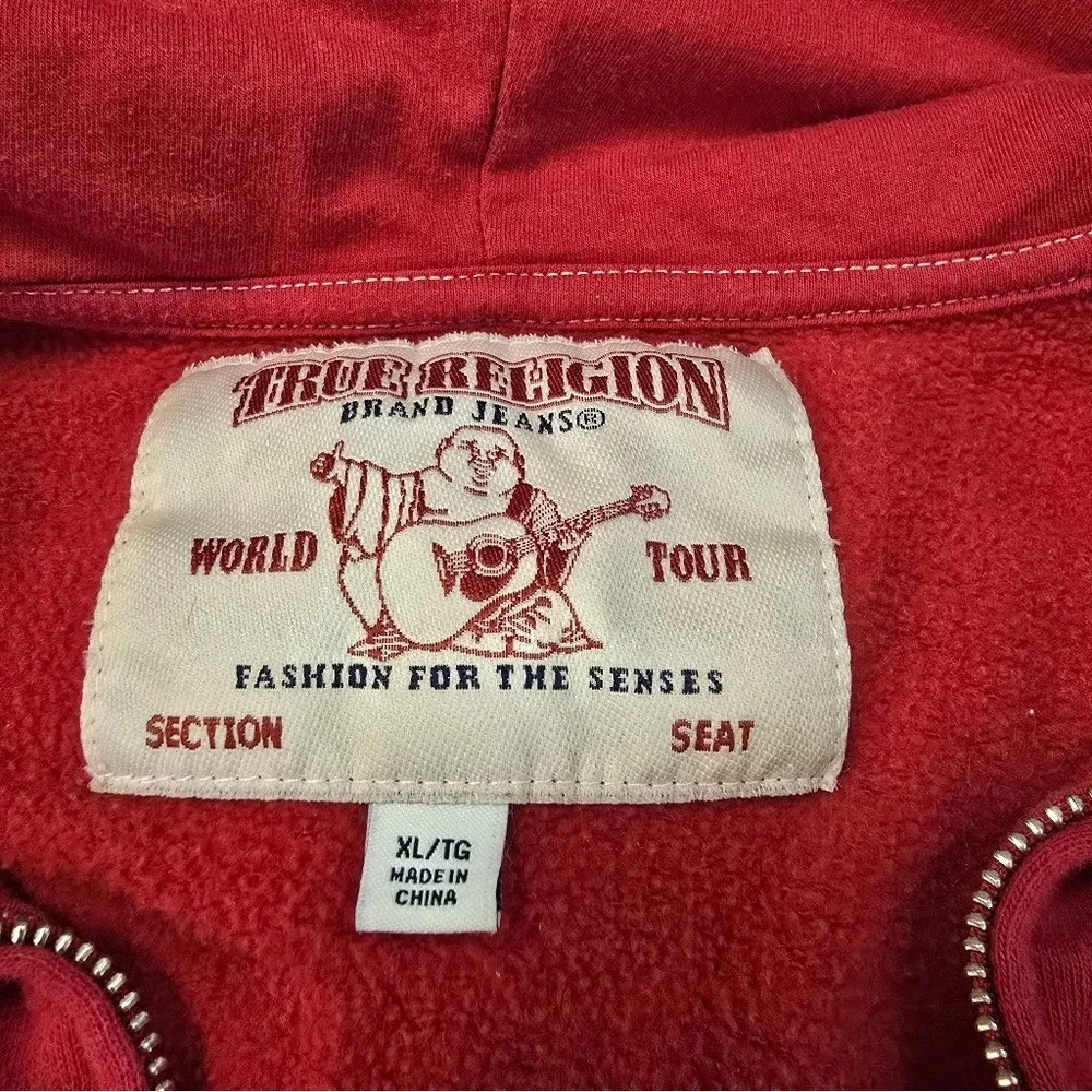 True Religion Mens Red World Tour Buddha Zip Up Hoodie Horseshoe Logo Sweatshirt